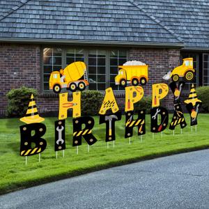 18 Pcs Happy Birthday Yard Signs with Stakes, 16 Inches Birthday Party Decorations for Boys Girls, Colorful Outdoor Lawn Patio Garden Signs Decorations for Birthday Party(Construction)
