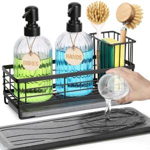 Shinowa Kitchen Dish Soap Dispenser Set, 14OZ Glass Bottle with Rustproof 304 Stainless Steel Sponge Holder and Instant Dry Tray, Hand and Dish Soap Dispenser Set for Kitchen Sink Organizer Decor (Black + Dark Grey + Transparent)