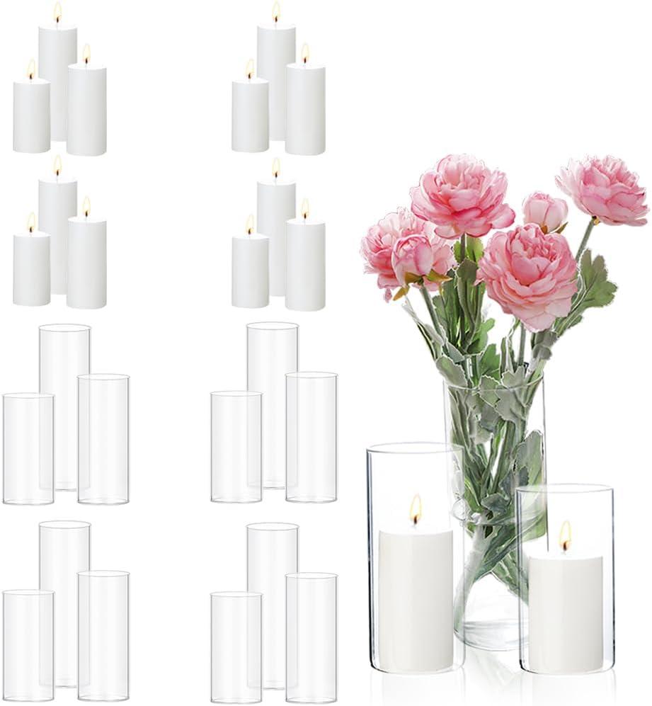 24 Pcs White Pillar Candles and Glass Candle Holders, Clear Cylinder Vases Pillar Candle Holders for Pillar Candles, Hurricane Candle Set for Wedding Party, Event, Home Office Decor