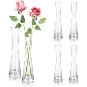 Hewory Glass Bud Vases for Centerpieces Set of 6, Handmade Modern Clear Small Skinny Decorative Single Flower Vase, Minimalist Slim Floral Vase for Home Wedding Party Events Table Decor, 7.87"