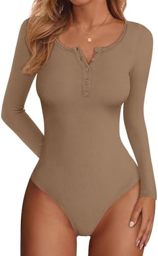 PRETTYGARDEN Long Sleeve Bodysuits for Women 2026 Ribbed Knit Henley Button Up Slim Fitted Basic Tops Winter Fashion Clothing, Medium
