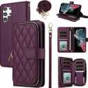 Argyle Wallet Case for Samsung Galaxy S25 Ultra 5G with Wrist Strap Shoulder Strap, Card Slots Zipper Purse Stand Checkered Phone Cover for S25Ultra 25S S 25 25Ultra Women Girls Deep Purple