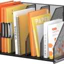 SUPEASY Binder Organizer, Magazine File Holder with 5 Vertical Compartments Rack, Metal Desk File Organizer & Binder Holders, Magazine Organizers for Office Desktop, Home, School, Classroom (Black)