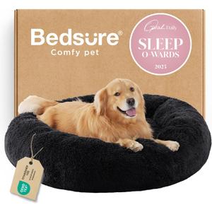Bedsure Calming Dog Bed for Extra Large Dogs - Donut Washable Large Pet Bed, 45 inches Anti-Slip Round Fluffy Plush Faux Fur Dog Bed, Fits up to 120 lbs Pets, Black