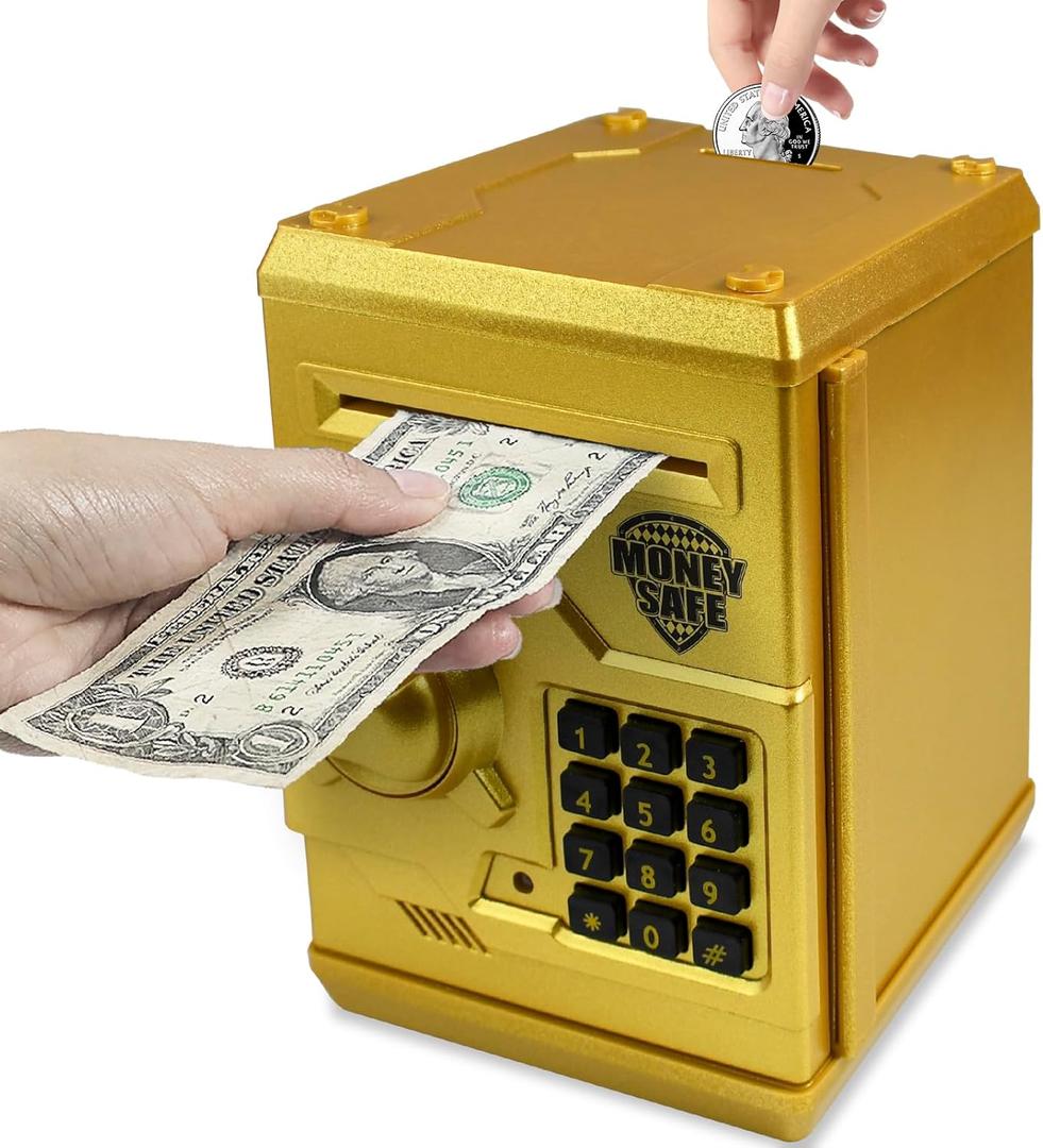 Cargooy Mini ATM Piggy Bank ATM Machine Best Gift for Kids,Electronic Code Piggy Bank Money Counter Safe Box Coin Bank for Boys Girls Password Lock Case (Gold)