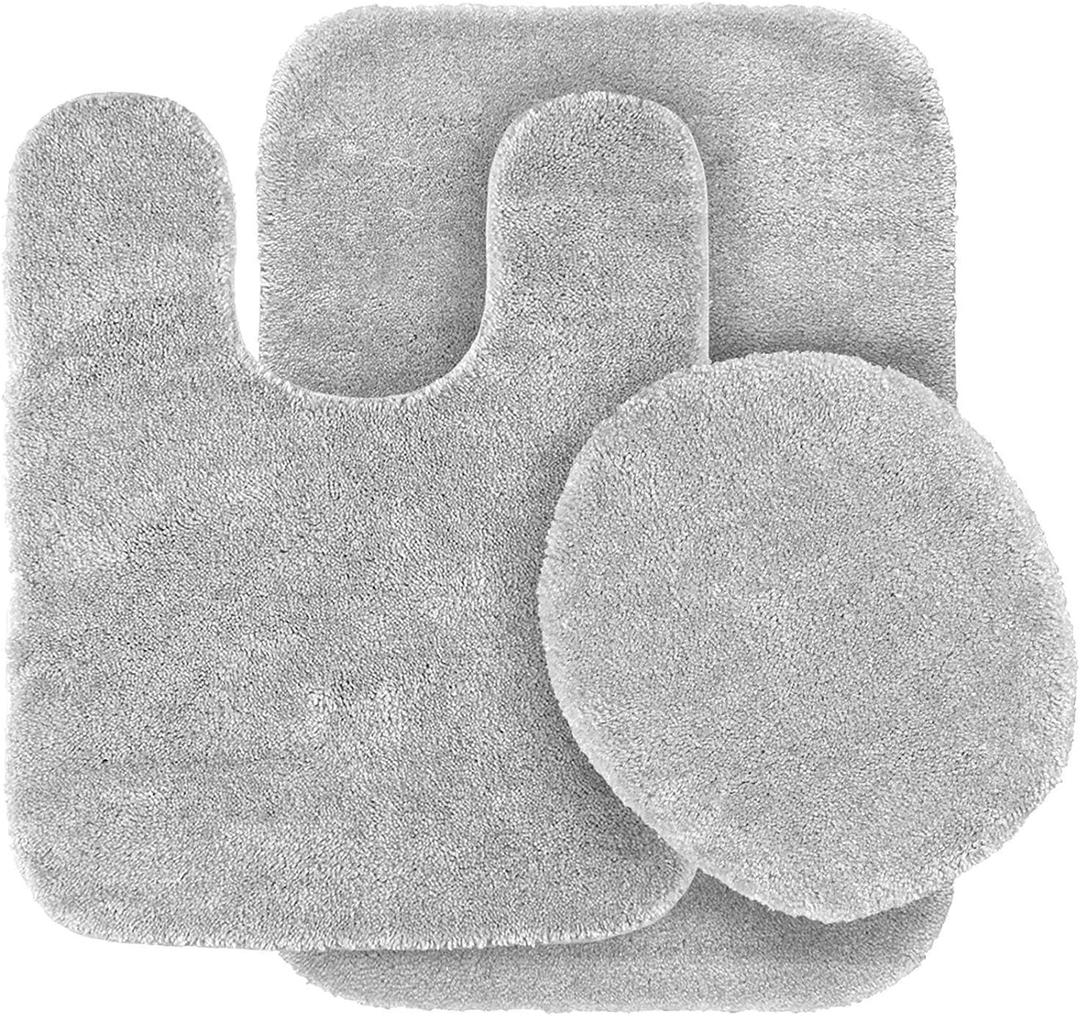 3pc Solid Non Slip Soft Bath Rug Set for Bathroom U-Shaped Contour Rug, Mat and Toilet Lid Cover New# Angela (Silver)