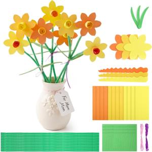 Civaner 36 Sets Mother's Day Crafts Kits for Kids Mothers Day Daffodil Bouquet DIY Crafts Yellow Orange Foam Flower Bouquet Craft Kit for Mom Mother's Days Decor DIY Gifts