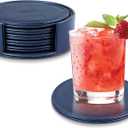 6 Pcs Premium Leather Coasters with Holder, Tabletop Protection, Coffee Table & Bar Decoration, Modern-Style Drink Coasters Suitable for Home Dining Tables & Kitchen Accessories (Blue)