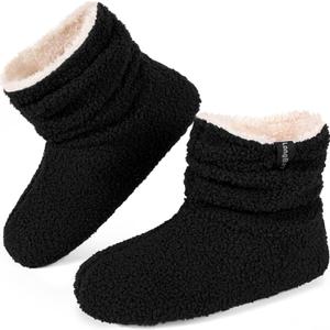 LongBay Womens Warm Curly Fur Bootie Slippers Comfy Plush Fleece Boots Memory Foam House Shoes (9.5-10.5, Black)