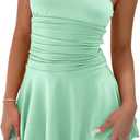 Women Sexy Tube Top Silk Dress Strapless Ruched Basque Waist Ruffle Layer Mini Dress Jumpsuit Party Dresses M