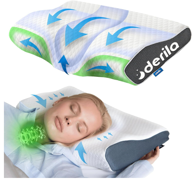 Derila Cervical Neck Pillow for Sleeping - Ergonomic Neck Support Pillow for Back, Stomach, Side Sleeper Contour Memory Foam Pillows for Shoulder Relief 12.2" x 16.9" x 3.14"