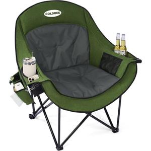 Coldbee Oversized Camping Chairs for Adults - Heavy Duty Padded Folding Lawn Chairs with Cup Holders & Cooler Bag, Comfy Outdoor Chair for Picnic, Beach, Fishing (Green)