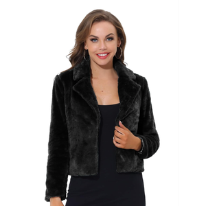 Allegra K Women's Cropped Faux Fur Jacket Lapel Cardigan Shrug 2024 Winter Fluffy Faux Fur Coat M