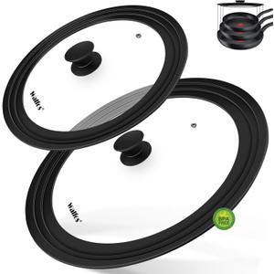 Walfos Universal Lid, Tempered Pan Lid with Heat Resistant Silicone Rim, Fits All 7" to 12" Diameter Cookware, Pots, Pans and Skillets (2Pk)