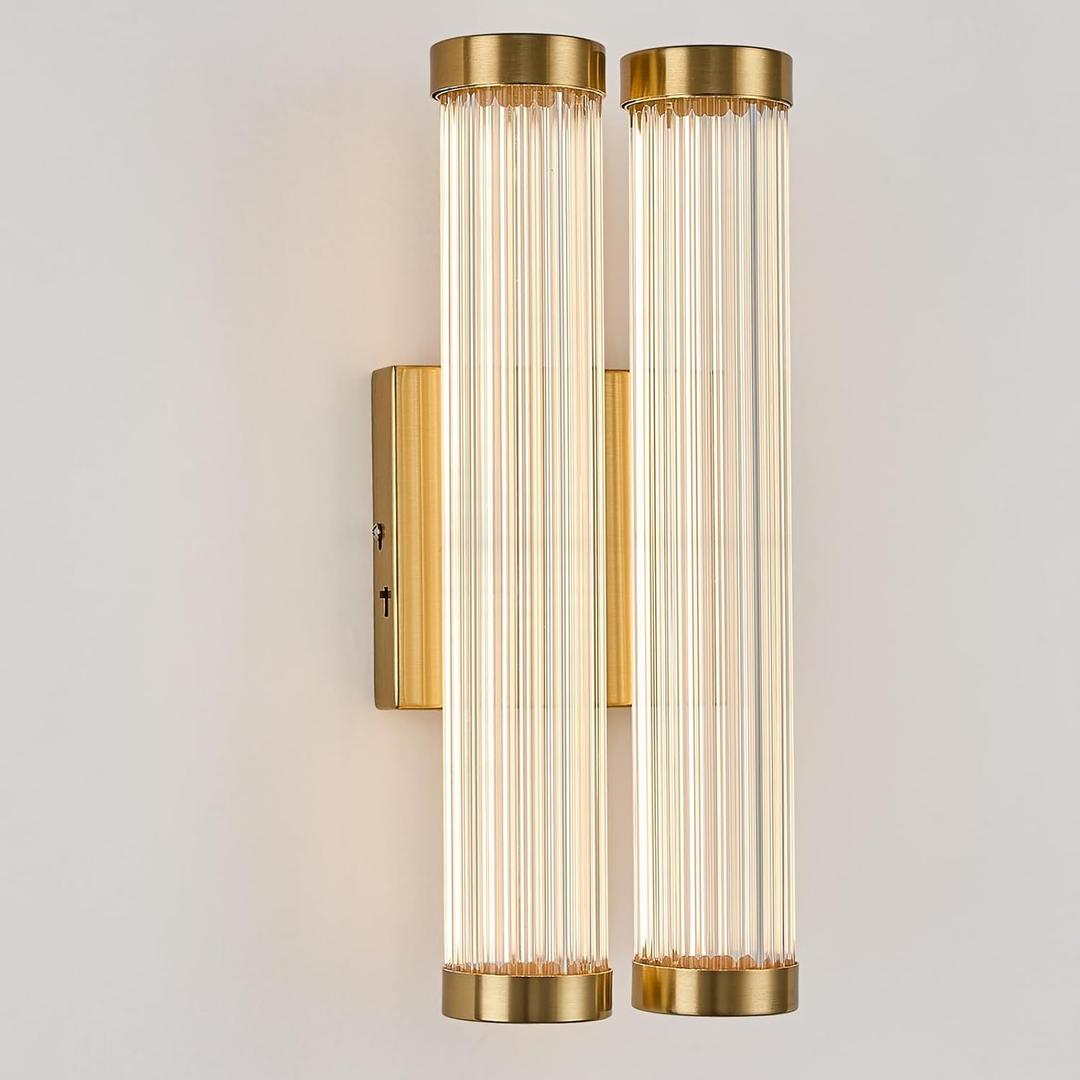 Modern Glass LED Wall Sconce, 16.5' Gold Bathroom Wall Sconce, Modern Double Sconce Wall Lighting, 3CCT Dimmable Gold Wall Light, Bedroom Sconce, Wall Lamp for Living Room, Stairway, Hallway
