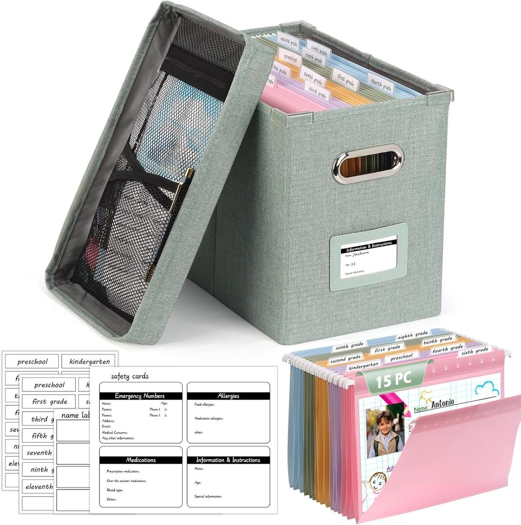 DOSTATNI School Years Organizer Kit K-12 School Years Memory Keeper with 15 Hanging File Folders Plastic 4 different Labels Memory Keepsake Box for kids Storage Pictures File Keeper (Green)