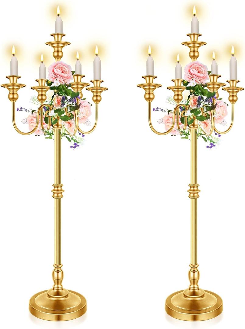 2 Pcs Gold Wedding Floor Candelabra 50 Inch Antique Candle Stand Metal 5 Arm Candelabra Centerpiece Decoration for 5 Candlesticks Bridal Shower Christmas Aisle Event Birthday Party Ceremony Home