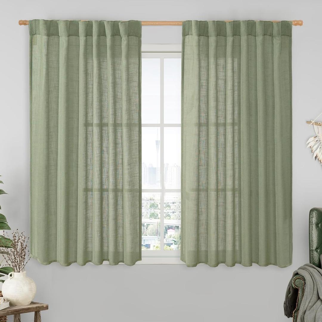 LAMIT Sage Green Linen Curtains 54 Inch Length 2 Panels, Light Filtering Panels Back Tab and Rod Pocket Neutral Drapes for Kitchen/Window/Bedroom, 52 x 54 Inch