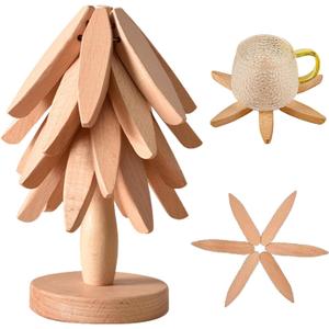 Natural Foldable Black Walnut Wooden Trivet Set - 4 Trivets + 1 Stand for Hot Dishes, Pot, Bowl, Teapot, Hot Pot Holders(Beech)