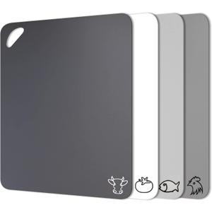 Fotouzy Plastic Cutting Boards with Food Icons, Set of 4, Flexible Cutting Mats with Hole, BPA-Free, Non-Slip and Dishwasher Safe, Modern Neutral Colors (Gray)