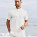 COOFANDY Men's Henley Shirt Short Sleeve Stand Collar Summer Casual Beach Hippie T-Shirts (White, XL)
