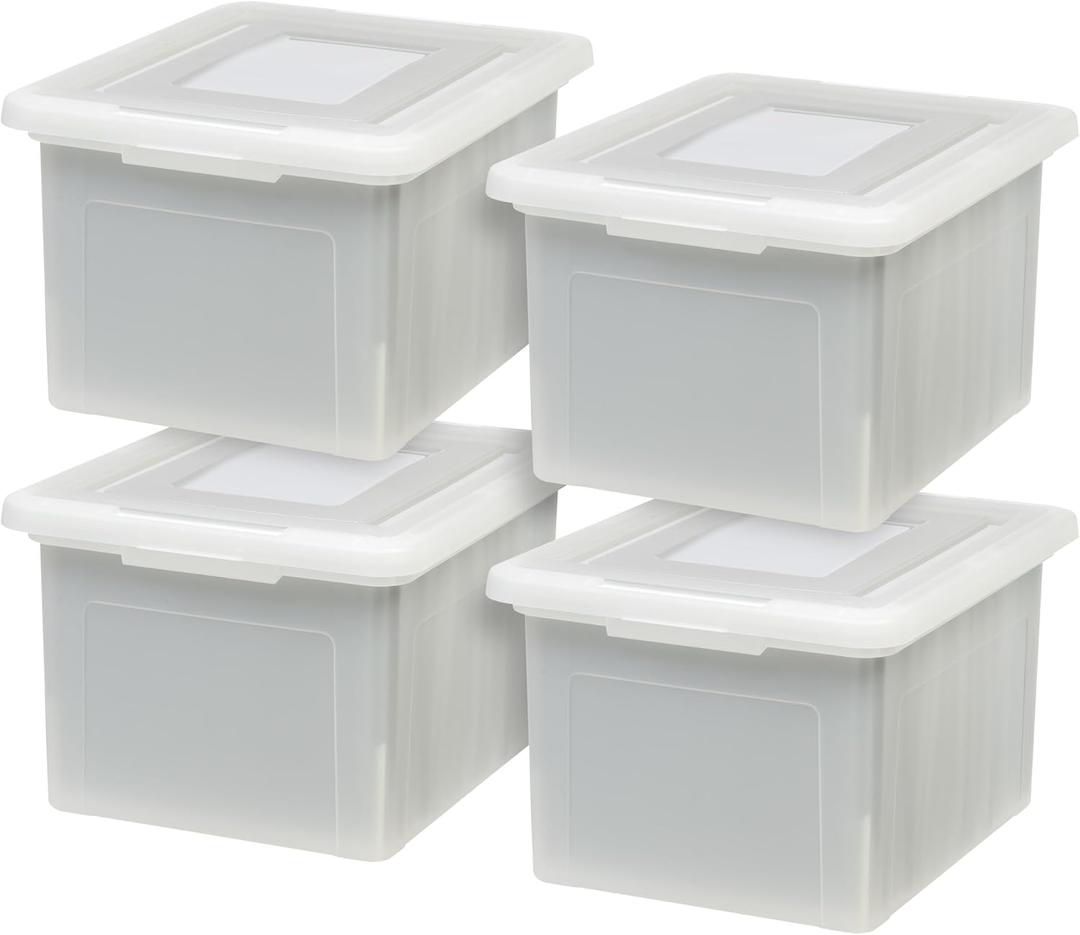 IRIS USA File Box with Lid, File Storage Box for Letter Size Documents, Portable Plastic File Box, Stackable Nestable Organizer, 35 Qt, 4 Pack, Pearl