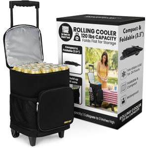 Ultra Compact Cooler Smart Cart with Wheels - Collapsible Insulated Cooler Bag - Foldable Travel Cooler 36 Cans - Leak Proof Trolley - Black
