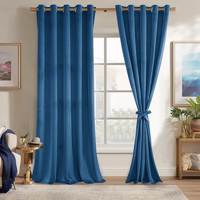 JIUZHEN Blue Velvet Curtains 90 inches for Living Room - Thermal Insualted Room Darkening Grommet Thick Velvet Window Drapes for Bedroom, Set of 2 with Tiebacks, 60W x 90L