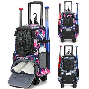 WIWODADI Rolling Baseball Bag, Wheeled Softball Bag with Fence Hook, Baseball Bag for Adult, Bat Bag with Shoe Compartment for Teeball Gear Pink Camouflage