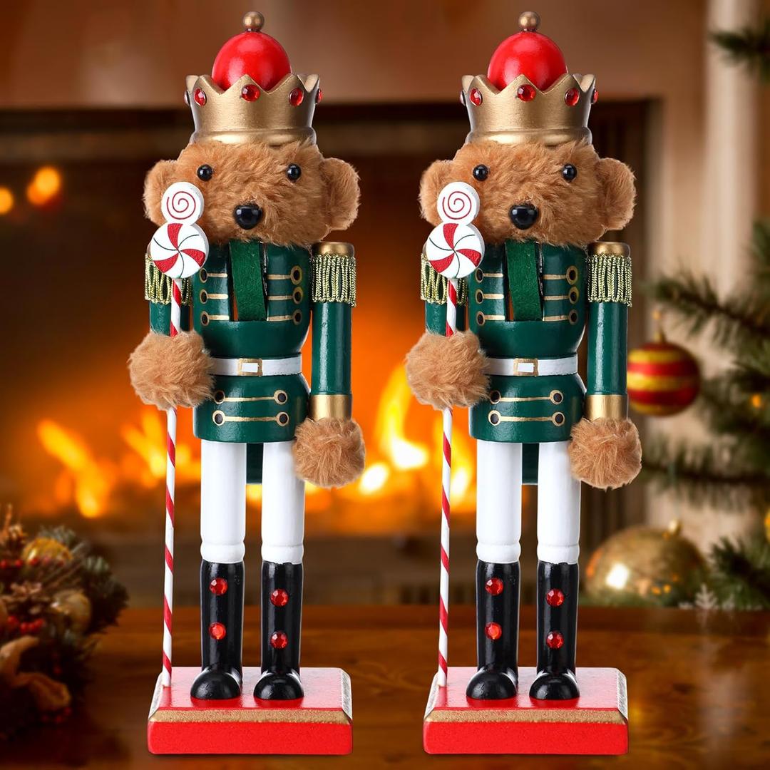 Thyle 2 Pieces 9.8 Inch Christmas Wooden Nutcracker Figures Xmas Large Nutcracker Soldier Christmas Holiday Soldier Ornament on Stand for Xmas Holiday Garden Lawn Pathway (Green Bear Style)