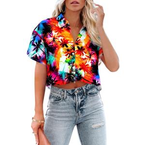 Cropped Hawaiian Shirts for Women Hawaii Tropical Button Down Tops Floral Tropic Print Summer Beach Outfits (XL)