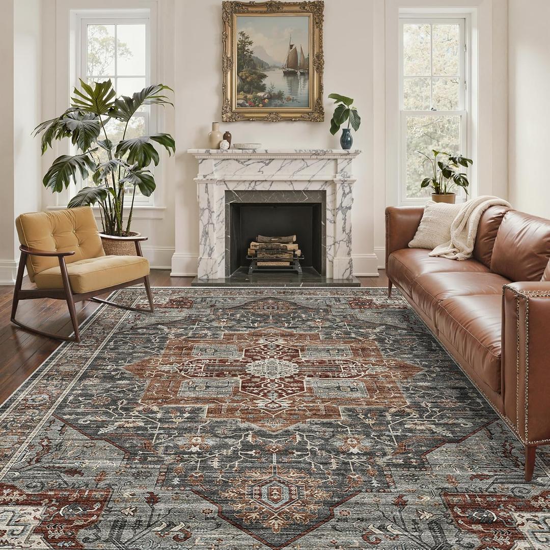 6x9 Rug, Stain Resistant Washable Area Rugs with Anti-Slip Backing, Vintage Large Bedroom, Living Room Rugs, Foldable Soft Rug (Grey/Brown/Tan, 6'x9')