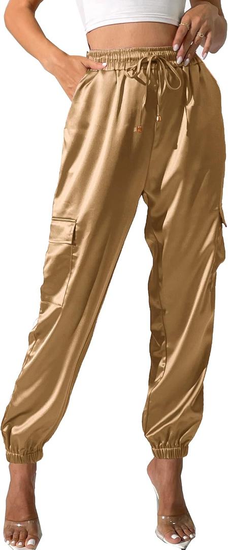 Women's Satin Cargo Joggers Pants Dressy Casual Silky Elastic High Waist Trousers M (Beige)