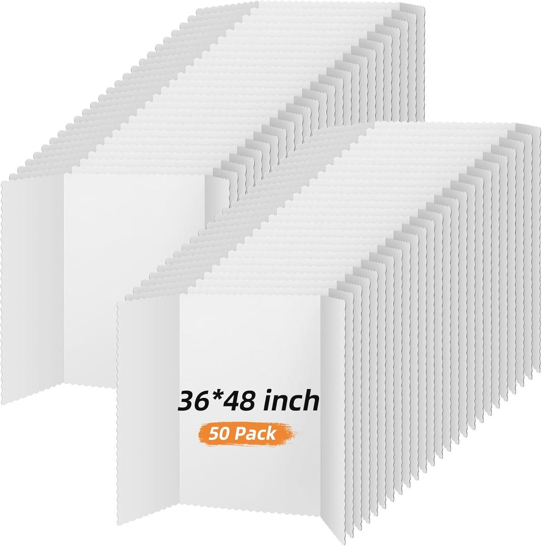 Ctosree 50 Pcs 48 * 36 Inch Tri Fold Poster Board Bulk, Science Fair Project Display Paperboard, Single Wall, Lightweight Presentation Board (White)