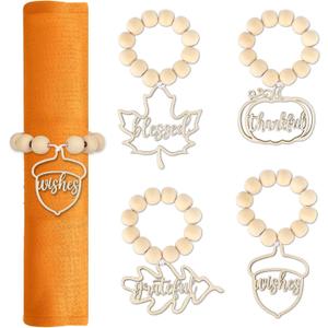 Thanksgiving Napkin Rings Set of 12, Wooden Napkin Rings Pumpkin Maple Leaf Decorations, Thanksgiving Napkins Decorations for Table Fall Dinner Wedding Holiday