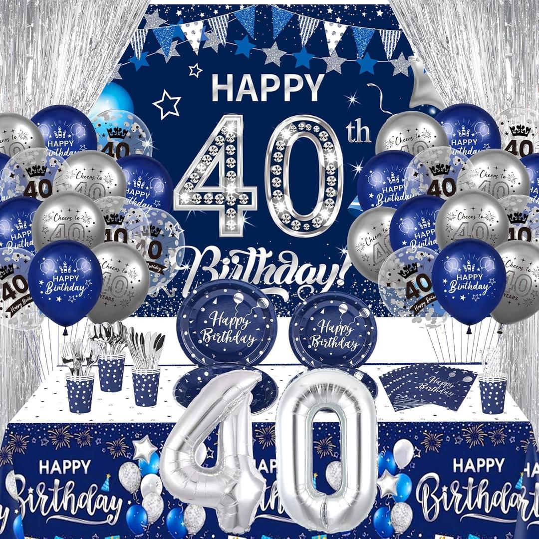 40th Birthday Decorations Kit for Men, 131Pcs Navy Blue Silver Happy 40th Birthday Party Banner and 40 Balloons Napkins Cups Tablecloth Foil Backdrops Supplies for Women 40 Years Old Anniversary Decor
