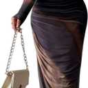 LIGHT DOT Women's Printed Bodycon Maxi Dress Long Sleeve Tie Dye Mesh Ruched Cocktail Dress (Large, Purple Brown)