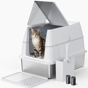 Stainless Steel Litter Box with Lid, XL Extra Large Metal Cat Litter Boxes for Big Cats Enclosed, Easy to Scoop with Litter Scoop Set, High Sides Enclosure Anti-Urine Leakage Non-Sticky (Silver Gray)