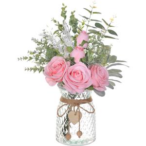 Faux Flowers with Vase,Artificial Silk Roses in Vase, Fake Plant Eucalyptus Flower Arrangement for Home Office Farmhouse Bathroom Dining Table Centerpiece Decorations Coffee Table Decor (Pink)