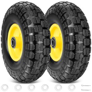 TICONN 10" Solid Tires, 2 Pack Flat Free 4.10/3.50-4'' Wheels with 5/8 Axle Bore Hole and Double Sealed Bearings (Yellow, 2PK)