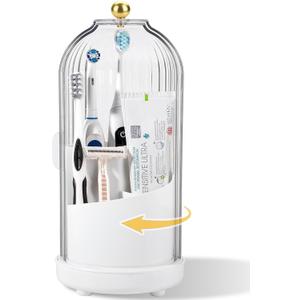 Rotating Toothbrush Holders with Cover, Dustproof Toothbrush Holder with Sliding Lid Electric Tooth Brush and Toothpaste Organizer for Bathroom, Makeup Brush Holder for Vanity, White