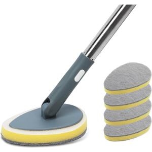 TreeLen Long Handle Shower Bathtub Tub Scrubber with 180 Head & 5 Replaceable Heads -49" Bathroom Cleaning Brush for Bathtub, Tiles, Glass (Non-Scratch Scouring Pads Included)