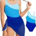 Girl's One Piece Swimsuits Color Block Cutout One Shoulder Bathing Suit with Mesh Cover Up 1 Piece Swimsuit Swimwear (Navy Blue) 13Y