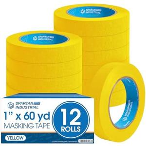 Spartan Industrial - 1" X 60 yd Yellow Masking Tape - 12 Colored Tape Rolls for Bundling, Labeling, and More - No Residue, 5.5 Mil