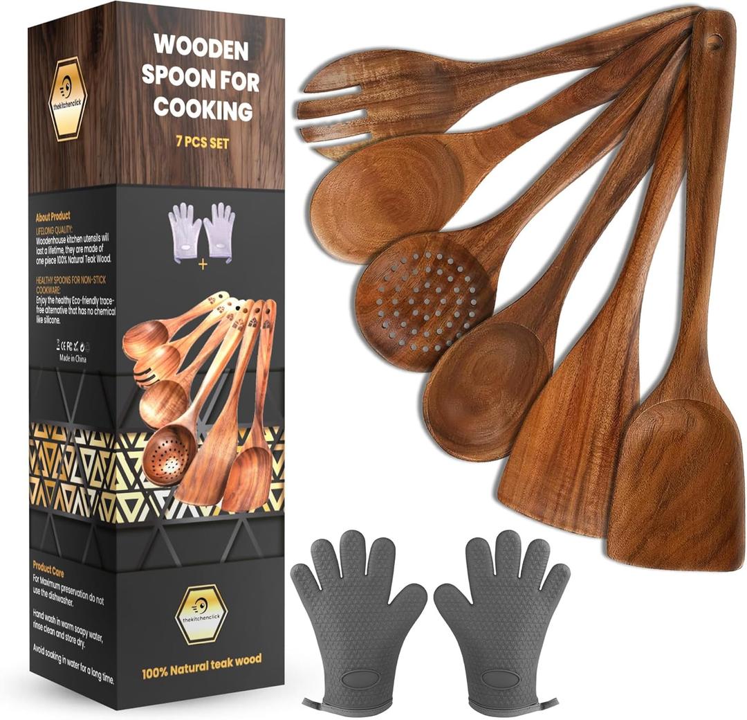 KitchenClick 7-Piece Wooden Spoons for Cooking  Premium Teak Wooden Utensil Set, Nonstick & Heat-Resistant Wooden Cooking Utensils, Durable & Lightweight Spoon Set for Kitchen, Baking & Serving