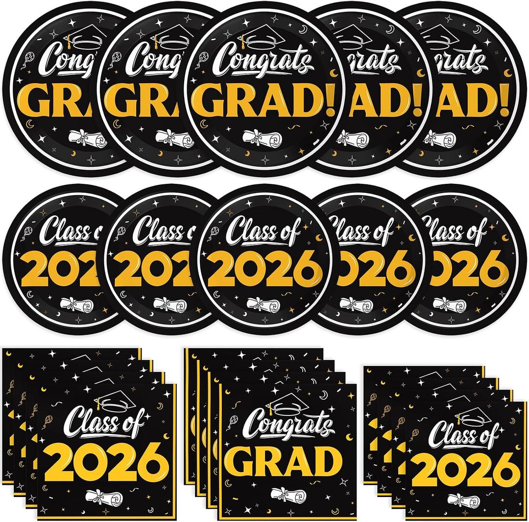 Graduation Decorations 2026, 200 Pcs Class of 2026 Graduation Party Supplies Kit with Paper Plates, Luncheon and Cocktail Napkins, Congrats Grad Decorations for 50 Guests (Black and Gold)
