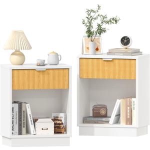 Fluted Night Stand Set 2, Large Wood Bedside Table Set of 2 Nightstands Set of 2 with Drawer and Storage Shelf for Bedroom, Small Spaces