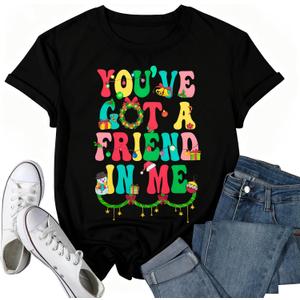 You've Got A Friend in Me Shirt Women Funny Letter Print Friends Tops Cute Vacation Holiday Short Sleeve Graphic Tees (Black, L)