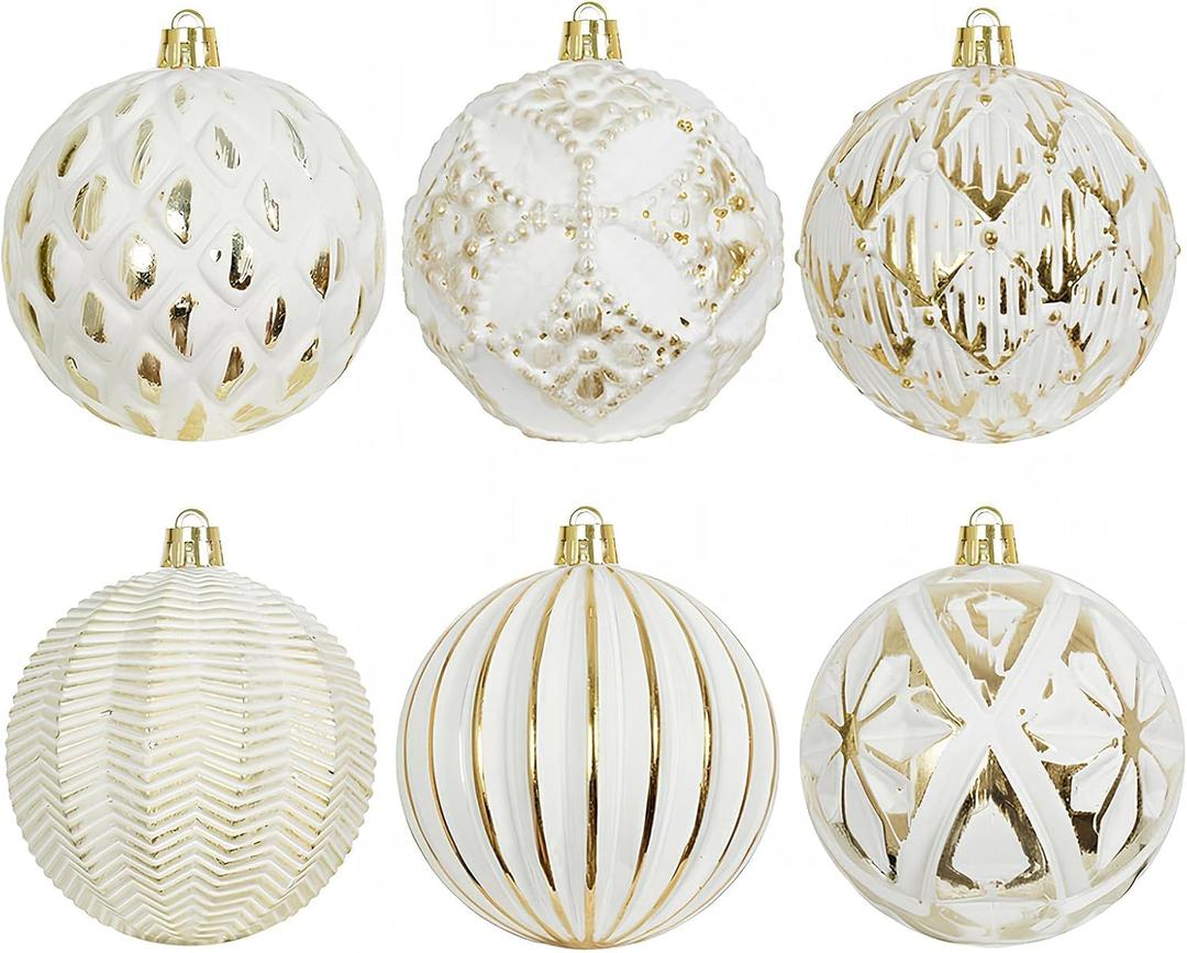 XmasExp Vintage Rustic Christmas Ball Ornaments Sets, Neutral Shatterproof Christmas Ornaments Farmhouse Christmas Tree Decorations Large Hanging Ball for Xmas Home Party White Gold, 6Pcs