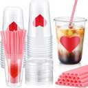 FoldTier 24 Sets Valentines Day Cups with Lids and Pink Straws 16oz Disposable Clear Plastic Cups Girl Gang Valentines Day Decorations for Cold Beverage Drinking